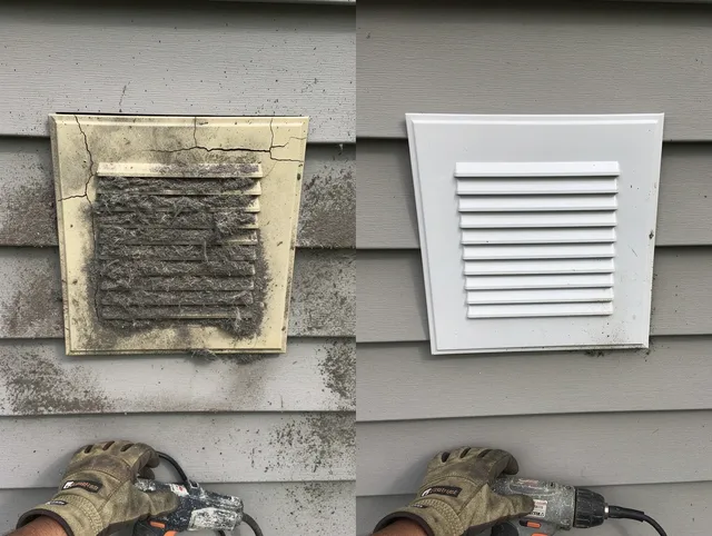 Pooler Dryer Vent Cleaning technician installing high-quality dryer vent cover at a residential property in Pooler